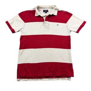 Y2K American Eagle Polo Shirt Men's Small White Red Stripes 100% Cotton